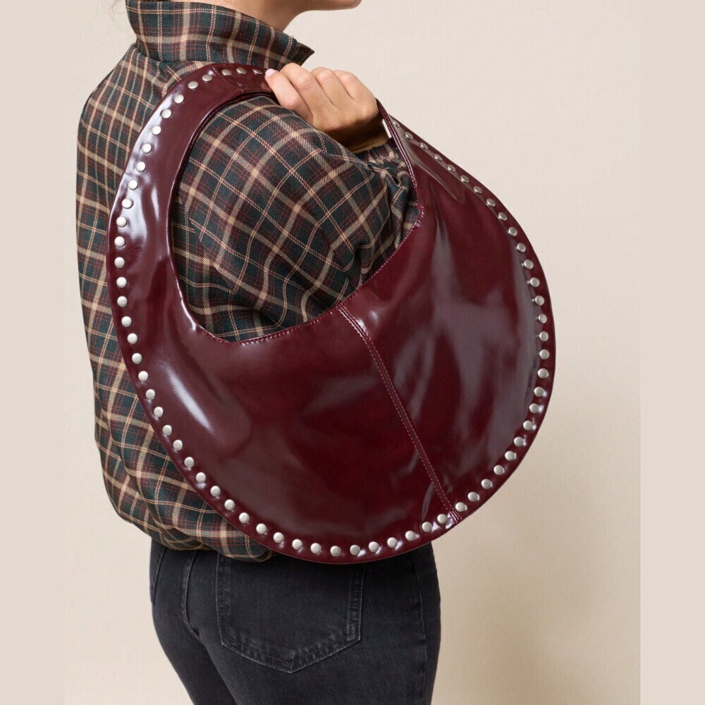 Burgundy Studded Faux Leather Oversized Crescent Shoulder Tote Bag